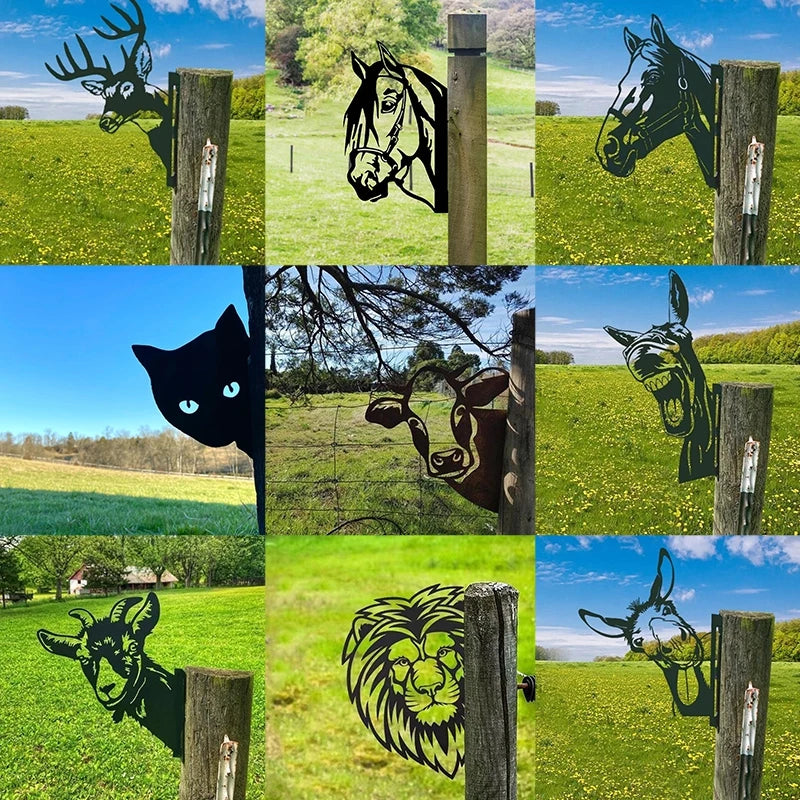 Metal animal cutouts, including a deer, horse, cat, cow, donkey, goat, and lion, peek from wooden posts in a green field under a vibrant blue sky.
