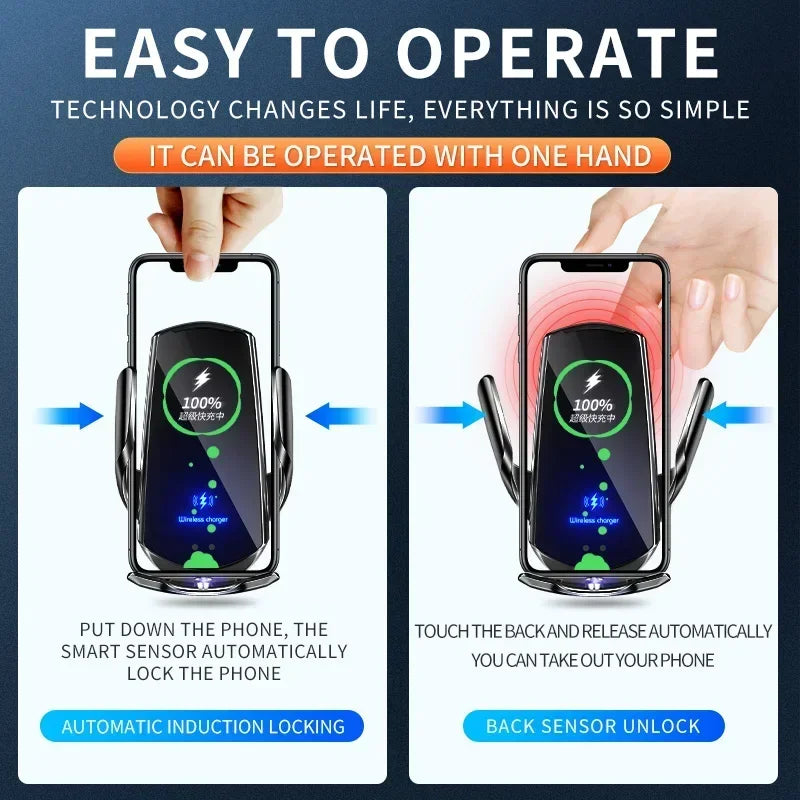 Illustration of a wireless charger with automatic induction locking and back sensor unlock. The phone locks on placing and unlocks with touch, used easily with one hand.