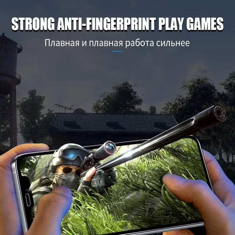 Image of a person playing a first-person shooter game on a smartphone. Text above says "Strong Anti-Fingerprint Play Games" in English and Russian, with a night scene background.