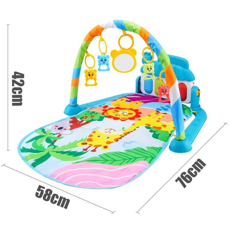 Colorful baby play mat with animal print, measuring 58cm by 76cm. Features a 42cm tall play gym arch with hanging toys and a mirror, designed for interactive playtime.