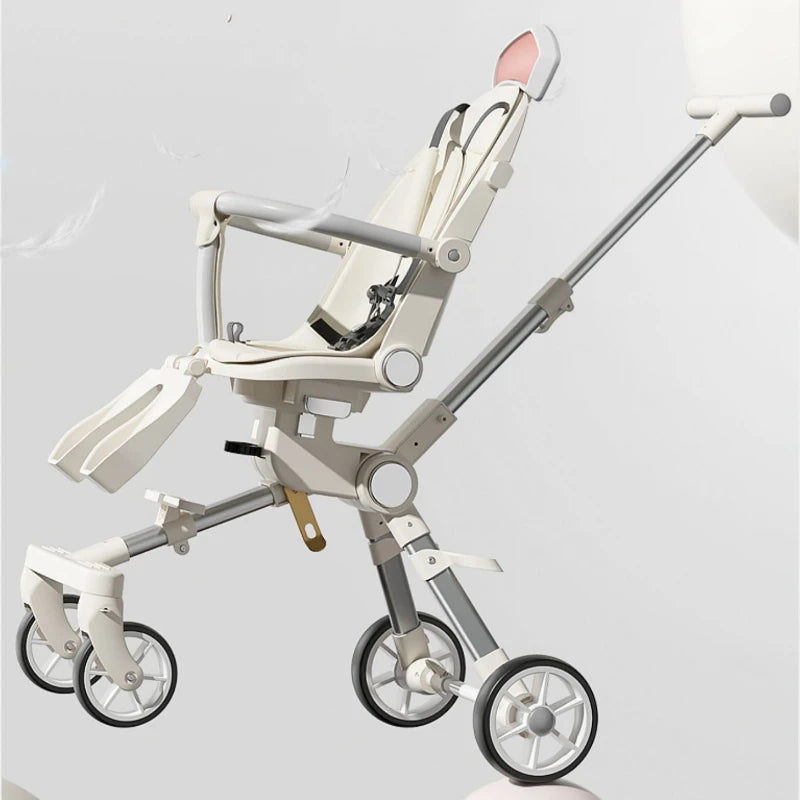 Modern white stroller with four wheels, ergonomic seat, adjustable handle, and footrest. Features a sleek metallic frame and minimalistic design against a neutral background.