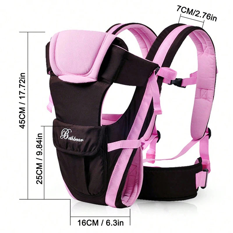 Pink and black baby carrier with adjustable straps, padded shoulder support, secure fastenings, and dimensions: 45cm, 25cm, 16cm, and 7cm.