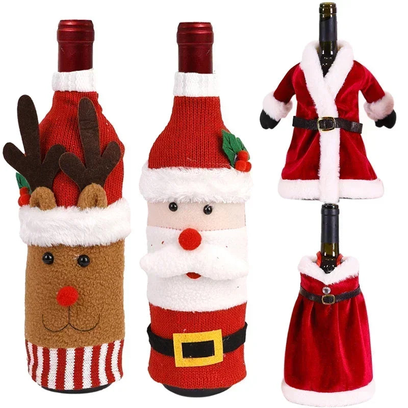 Festive wine bottles wearing Christmas-themed covers: a reindeer, Santa, and two bottles in red velvet Santa costumes with white trim and black belts.