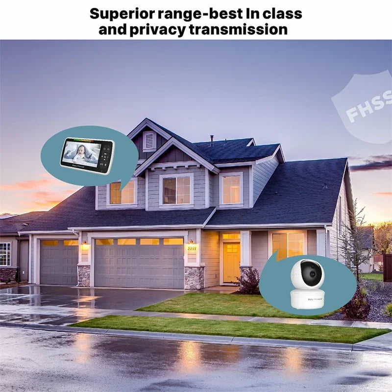 A modern house at dusk with text above promoting superior range and privacy transmission. Overlay images of a baby monitor and camera emphasize home security features.