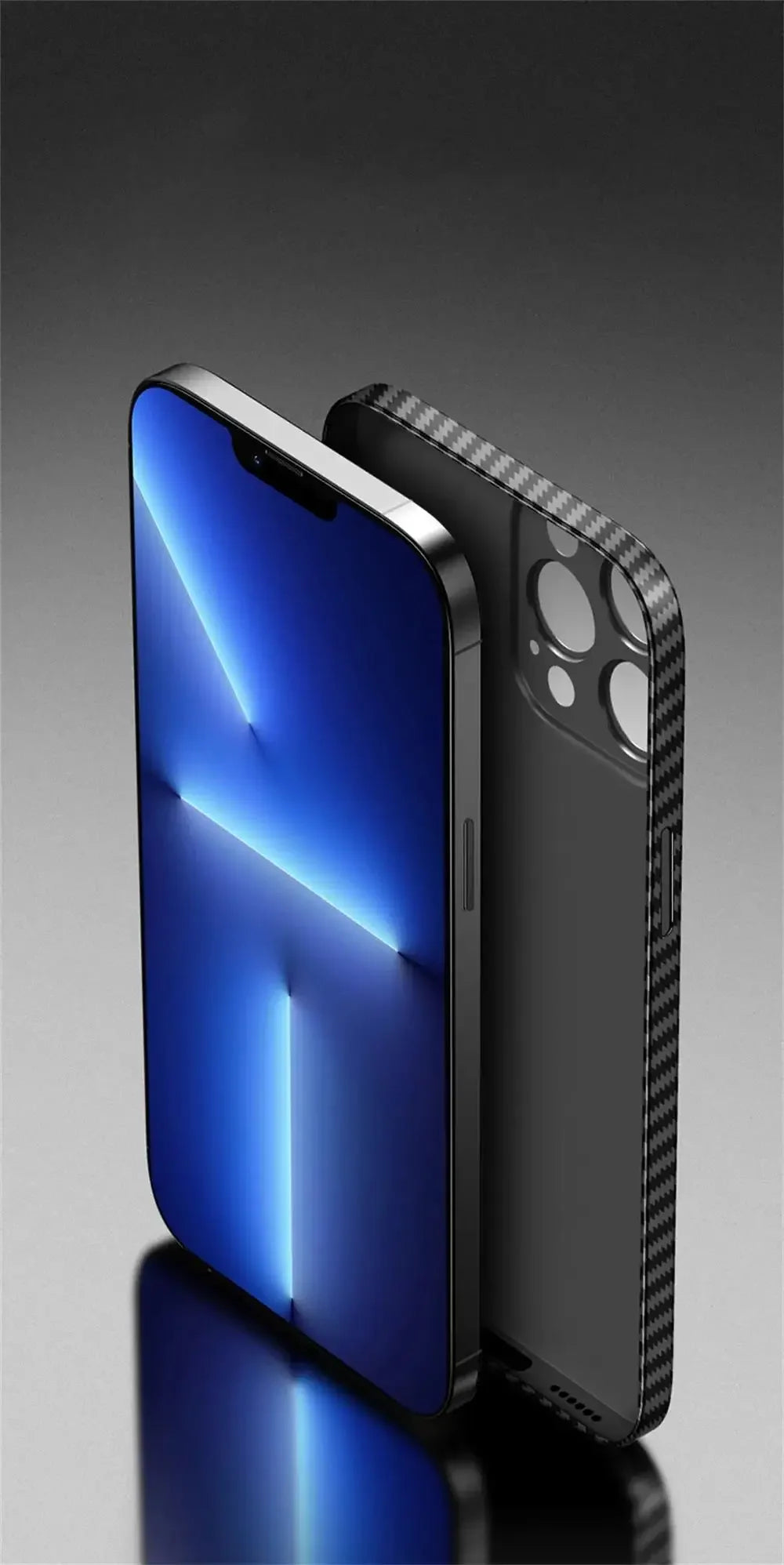 A sleek smartphone with a glowing blue screen on the left and a textured black carbon-fiber back on the right. The design is elegant and modern against a gradient background.