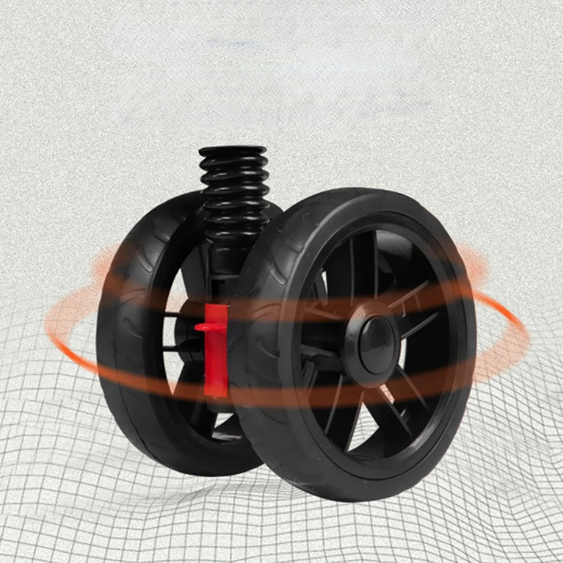 Dual black wheels with a central coil spring and red detail, set against a textured grid background with orange motion lines suggesting dynamic movement.