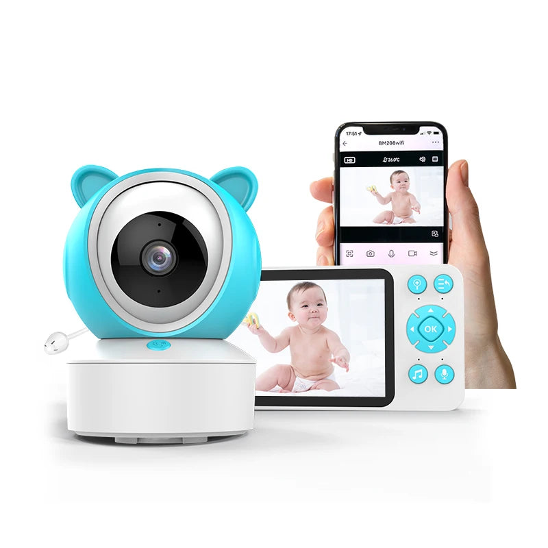 Baby monitor set with a blue bear-shaped camera, a handheld monitor displaying a baby, and a smartphone showing the same image.