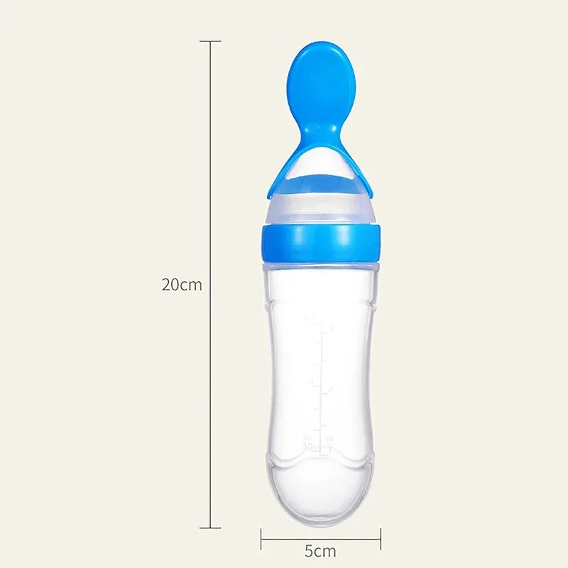 Clear baby bottle with a blue spoon cap, measuring 20cm tall and 5cm wide, displayed on a plain background with size annotations.