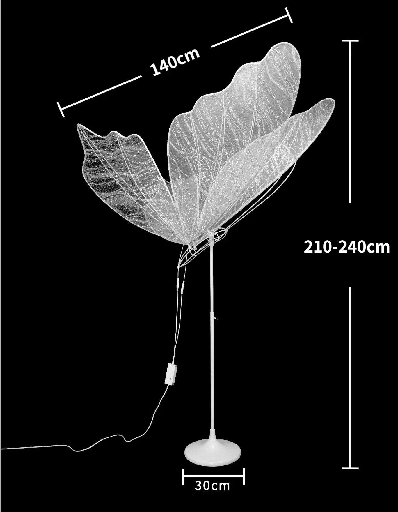 Tall white floor lamp with a large leaf-shaped shade measures 140 cm wide and 210-240 cm tall, standing on a 30 cm round base against a black background.
