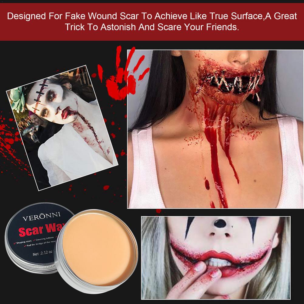 Halloween makeup kit featuring scar wax and fake blood effects. Images show realistic horror gore looks, including stitched faces and blood drips. Red text highlights product purpose.