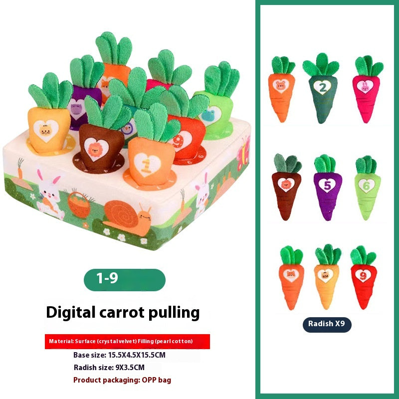 Colorful plush carrot toys with numbers 1-9 sit in a cute vegetable garden base, designed for a digital carrot pulling game. Details include material and packaging information.