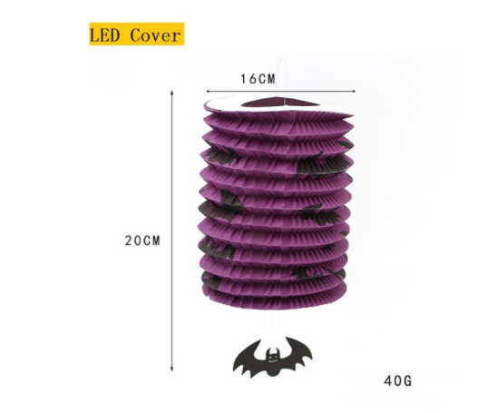 Purple paper lantern measuring 20cm tall and 16cm wide, featuring bat decorations. Labeled as "LED Cover" and weighing 40g, suitable for hanging as a Halloween decoration.