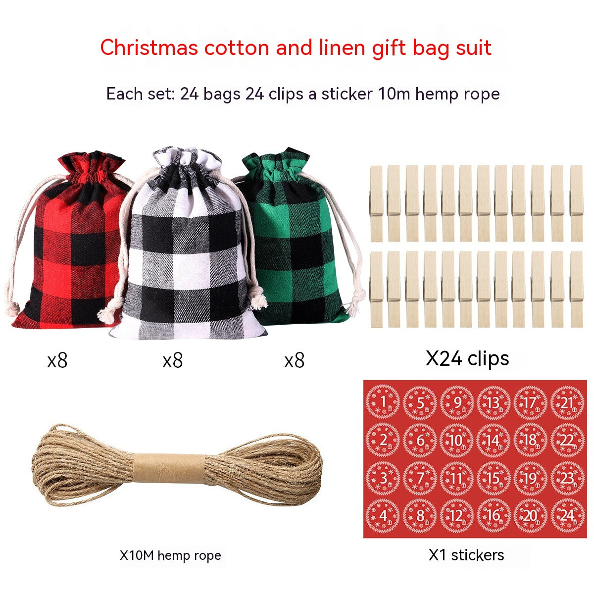 Christmas gift bag set with 24 bags (red, black, green plaid), 24 wooden clips, one sheet of numbered stickers, and 10m of hemp rope for DIY projects.