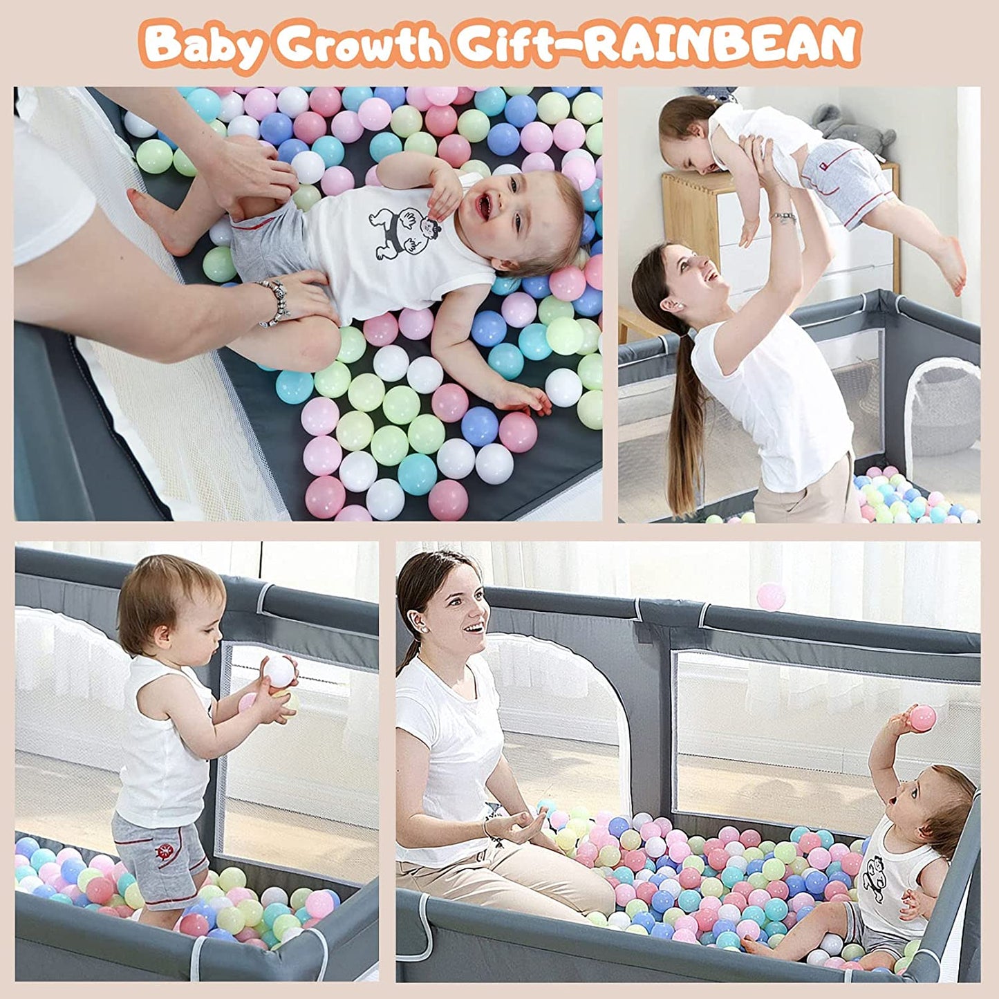 A mother and baby playing in a ball pit. The baby is surrounded by colorful balls, smiling and being lifted by the mother, who also sits in the playpen.