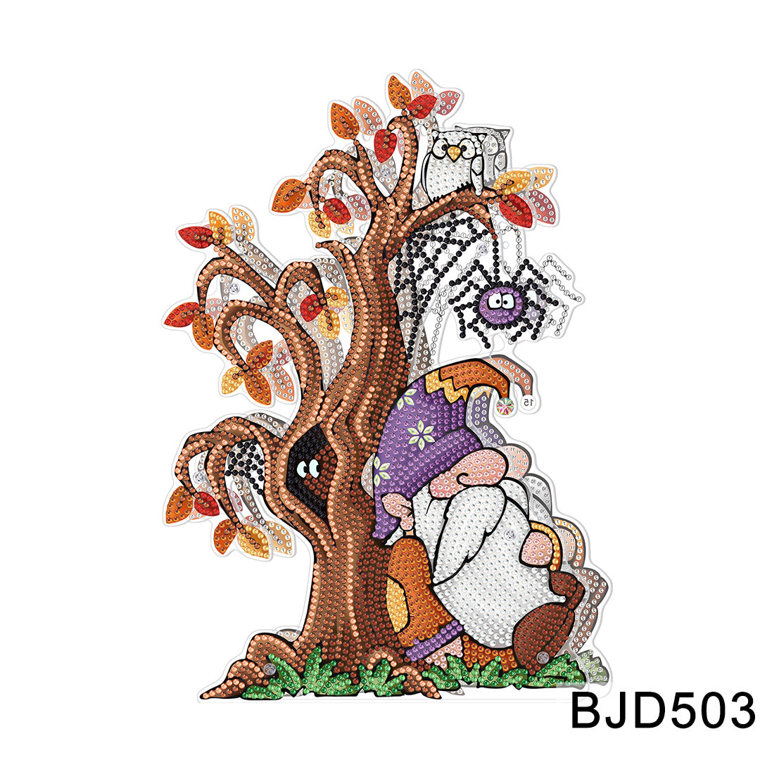 Cartoon gnome in a purple hat sits by a colorful tree with autumn leaves, a spider web, and a curious spider. A hidden creature peeks from the tree trunk.
