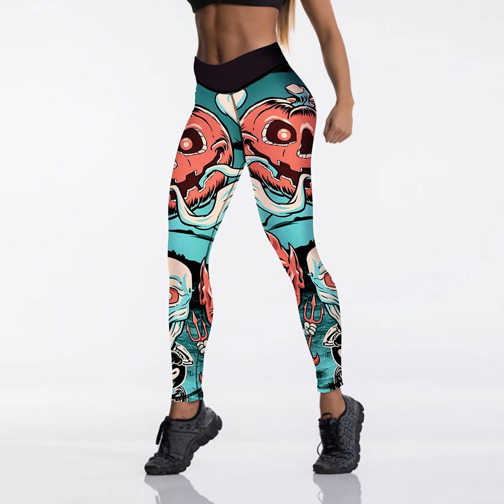 Person wearing colorful leggings featuring red, white, and blue abstract designs, paired with black sports shoes, against a plain white background.