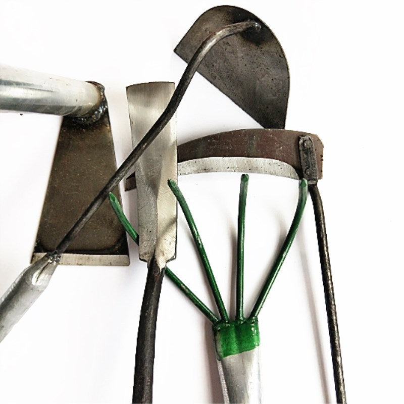 Close-up of various garden tools on a white background, including a hoe, rake, and weeder with metal blades and green accents, displayed from different angles.