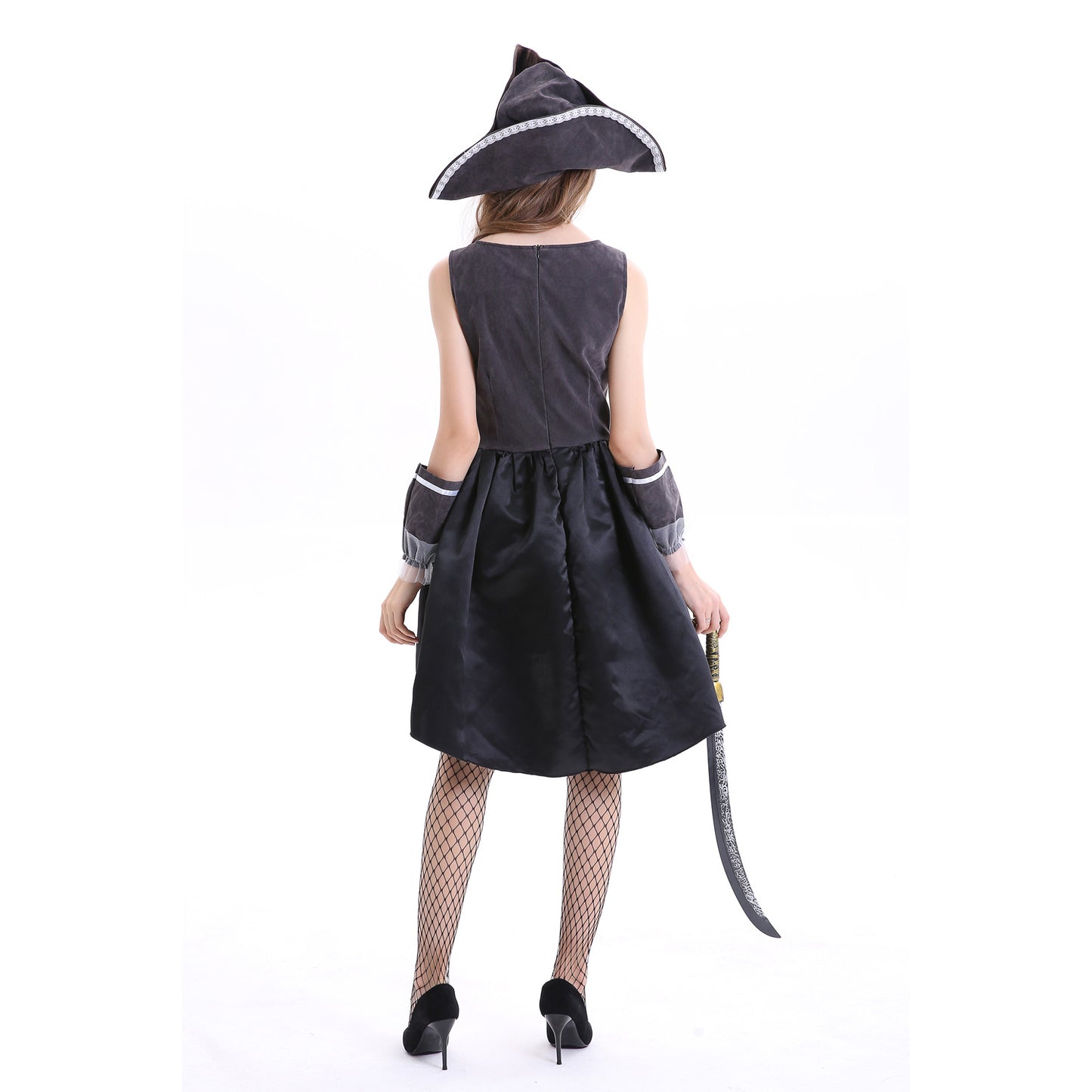 Woman in a pirate costume with a tricorn hat, black dress, and fishnet stockings, holding a curved sword. She's viewed from the back against a plain white background.