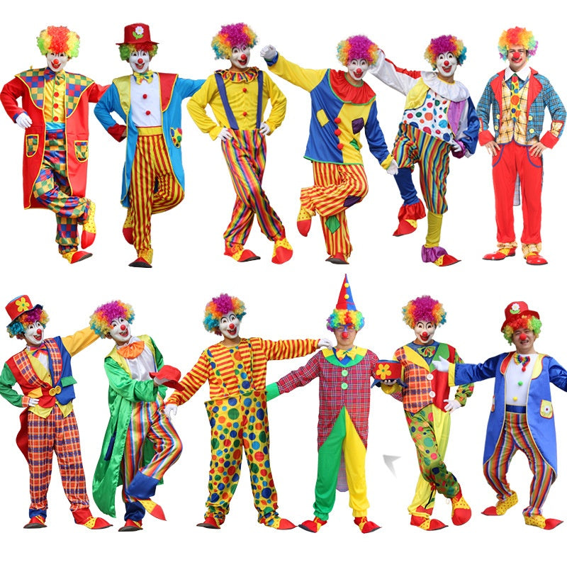 A group of clowns in colorful, mismatched outfits with bright wigs, red noses, and oversized shoes, posing playfully in two rows against a white background.