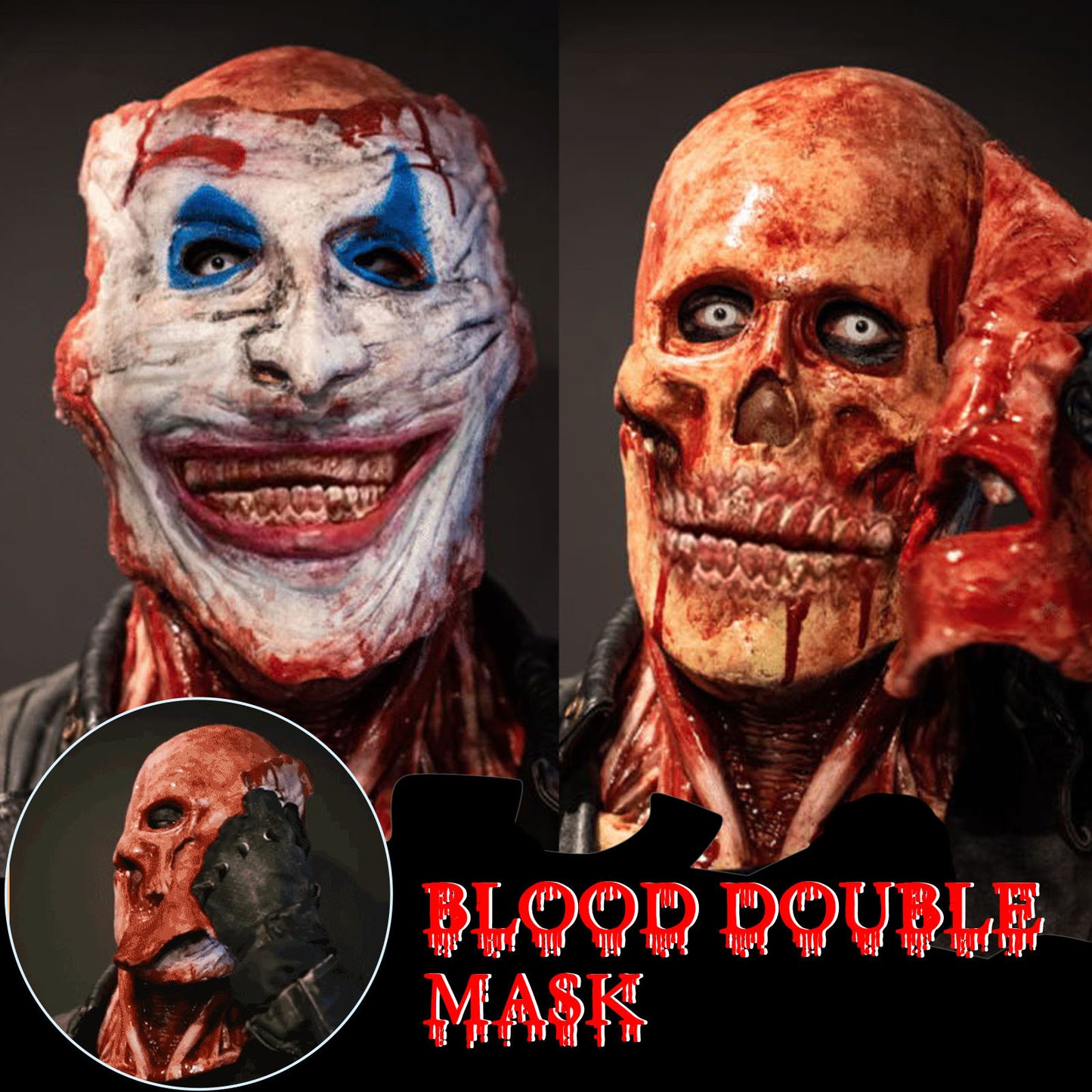 Two-part mask with a creepy clown face on the left and a bloody skull underneath on the right. Insert shows a hand removing the outer mask, with "Blood Double Mask" text below.
