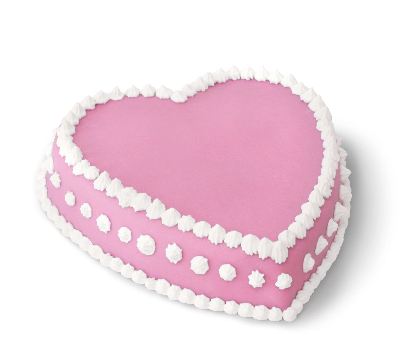 A heart-shaped cake with pink icing, decorated with white frosting along the edges and dots on the sides, against a white background.