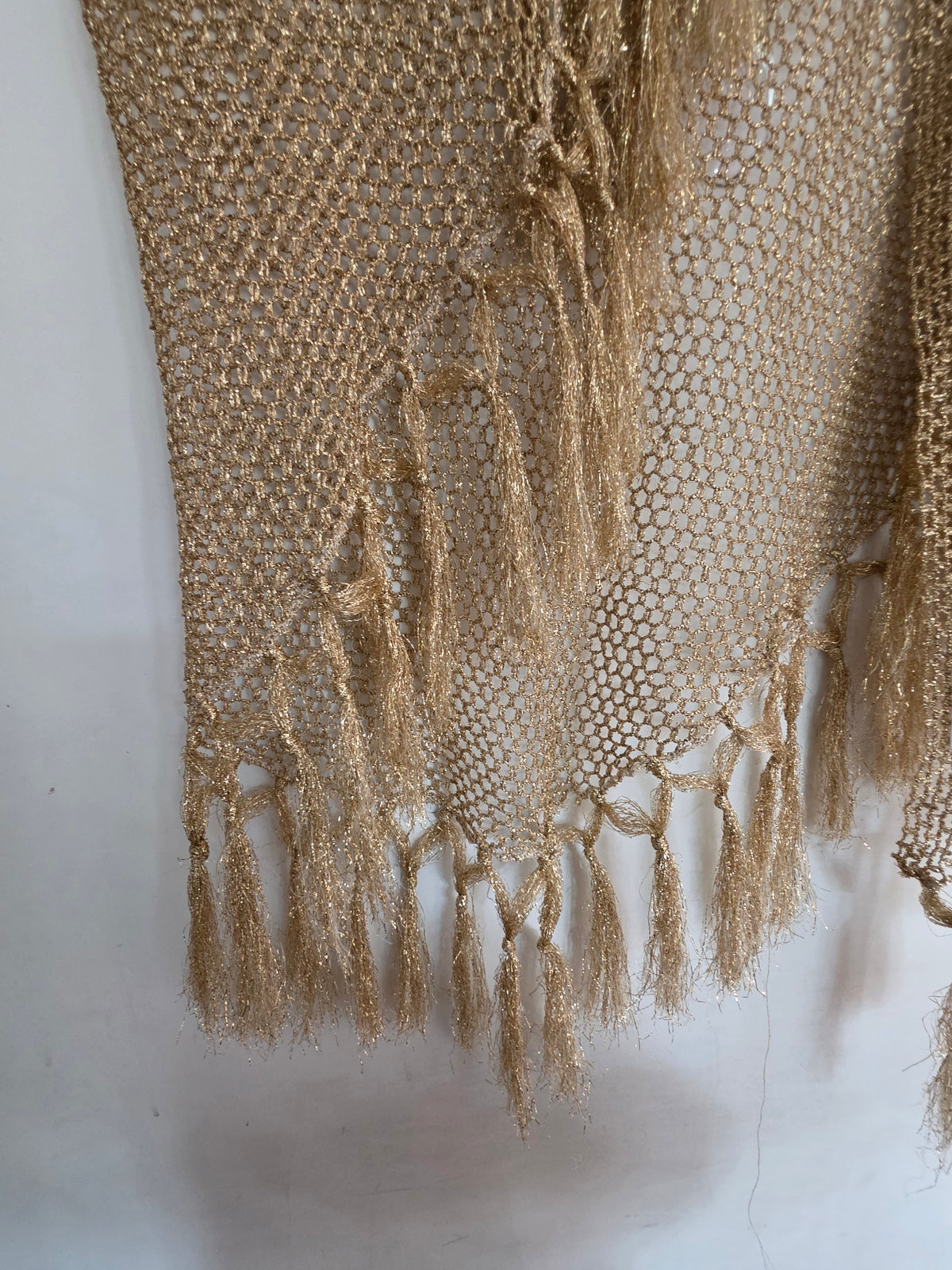 Gold metallic crochet fringed shawl, viscose blend, one size