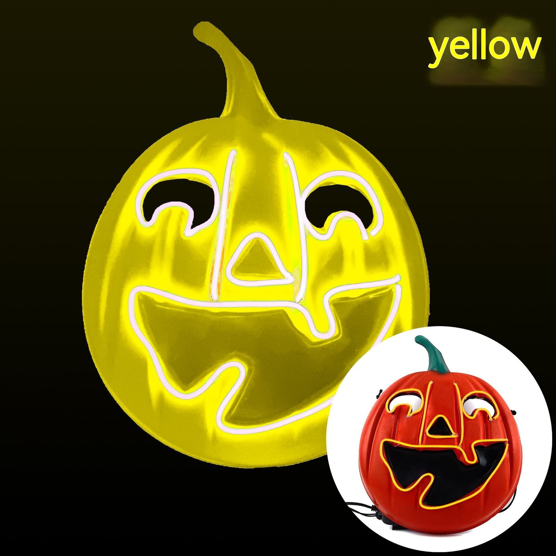 Neon yellow jack-o'-lantern with a wide, toothy grin and triangle eyes. An inset shows a similar jack-o'-lantern in orange with a green stem on a white background.