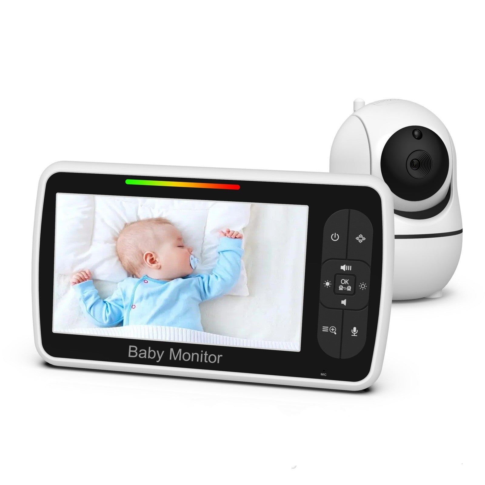 A baby monitor with a screen displaying a sleeping baby in blue pajamas, shown with a white camera featuring black lenses.