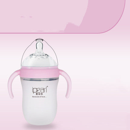 A baby bottle with pink handles and a pink rim, featuring the brand name "iPearl" and the phrase "Because of love" on the front, set against a soft pink background.