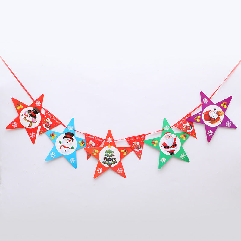 Festive Christmas garland with star-shaped decorations featuring Santa, snowmen, gifts, and a Christmas tree, connected by red ribbon against a plain background.