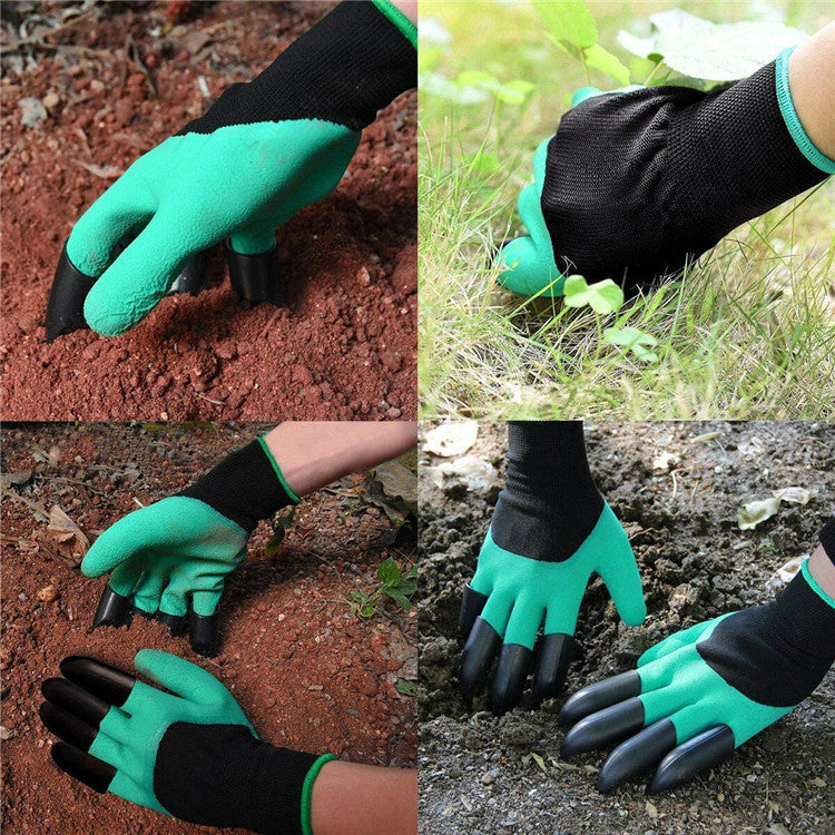 Four images of green and black garden gloves with claw-like fingertips being used to dig and work in soil and grass. The gloves enhance grip and ease gardening tasks.