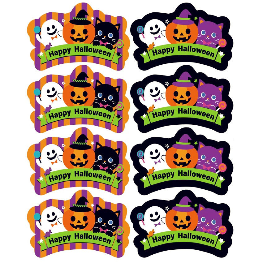 Eight identical "Happy Halloween" stickers featuring a smiling pumpkin wearing a witch hat, a ghost, and a cat with a candy are displayed. The stickers have a purple and orange striped background, green banner, and colorful elements, creating a festive Halloween theme.
