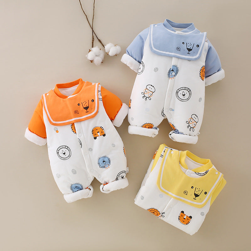 Three adorable baby onesies in orange, blue, and yellow, each with animal prints and soft collars, neatly arranged on a beige background next to cotton branches.