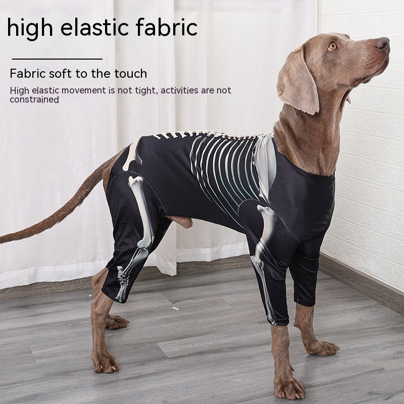 A dog wearing a black bodysuit with a skeleton design stands on a wooden floor. Text highlights the high elasticity and softness of the fabric.
