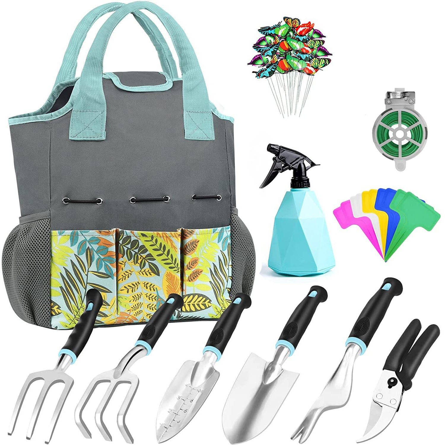 Gardening kit with a gray and floral tote bag, metal tools, pruners, a spray bottle, colorful plant labels, butterfly stakes, and garden twist ties.