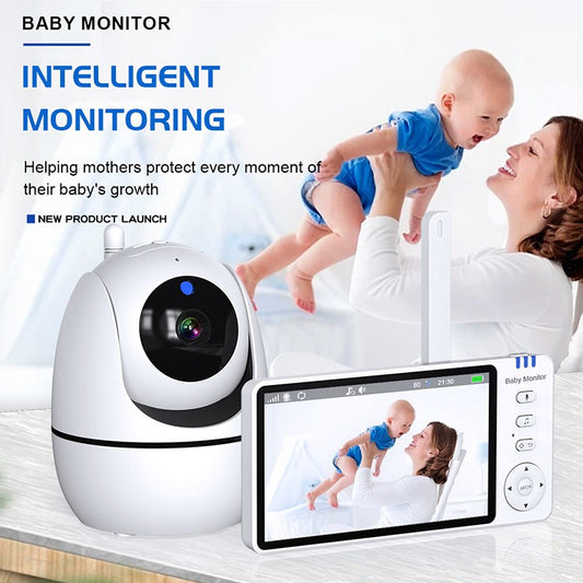 Smart baby monitor promotion featuring a modern camera and a video display. A mother joyfully lifts her baby, highlighting the product's focus on child safety and monitoring.
