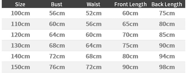 Size chart showing measurements for sizes 100cm to 150cm: Bust from 56cm to 76cm, Waist from 52cm to 72cm, Front Length from 60cm to 90cm, and Back Length from 75cm to 98cm.