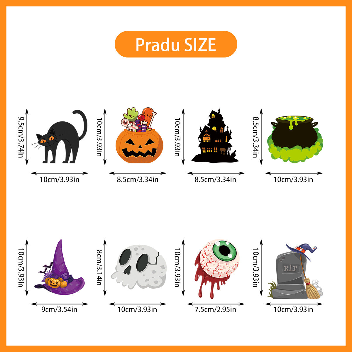 Halloween-themed characters with measurements: black cat (10cm/3.93in), candy-filled pumpkin (8.5cm/3.34in), haunted house silhouette (8.5cm/3.34in), bubbling cauldron (10cm/3.93in), witch hat with pumpkin (9cm/3.54in), skull (10cm/3.93in), eyeball (7.5cm/2.95in), tombstone (10cm/3.93in).