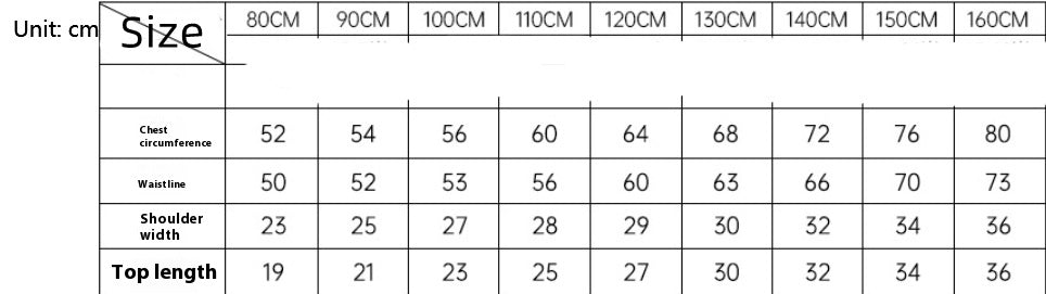 Size chart in centimeters for measurements 80CM to 160CM, detailing chest circumference, waistline, shoulder width, and top length. Measurements increase with size.