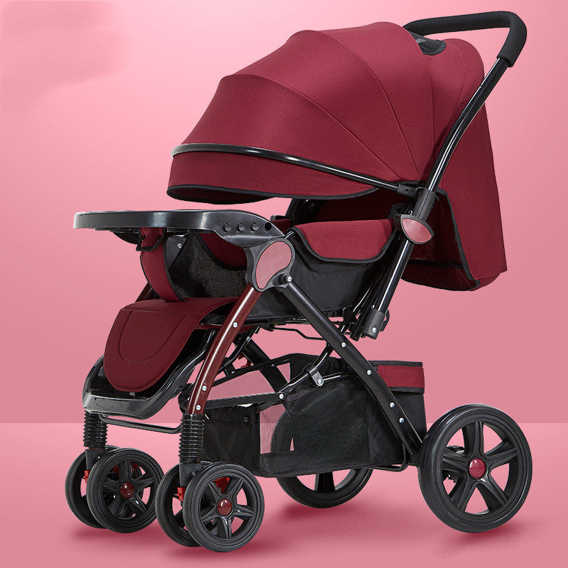 A maroon baby stroller with a canopy, adjustable handle, and four black wheels, featuring a storage basket underneath. Set against a pink background.