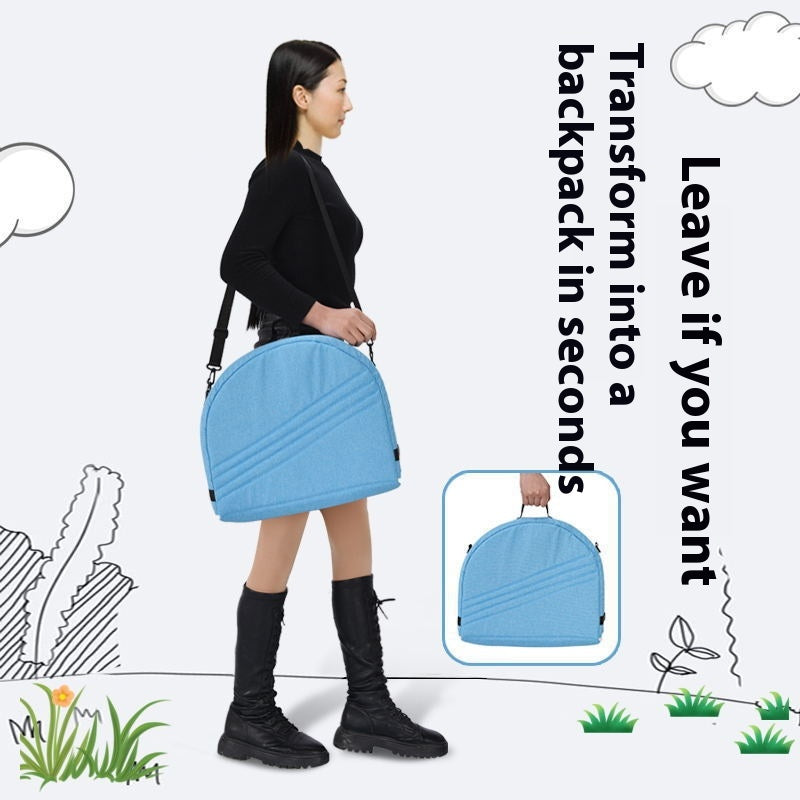 A woman in black clothes carries a blue convertible bag. Text reads, "Transform into a backpack in seconds." Cartoon clouds and grass are in the background.