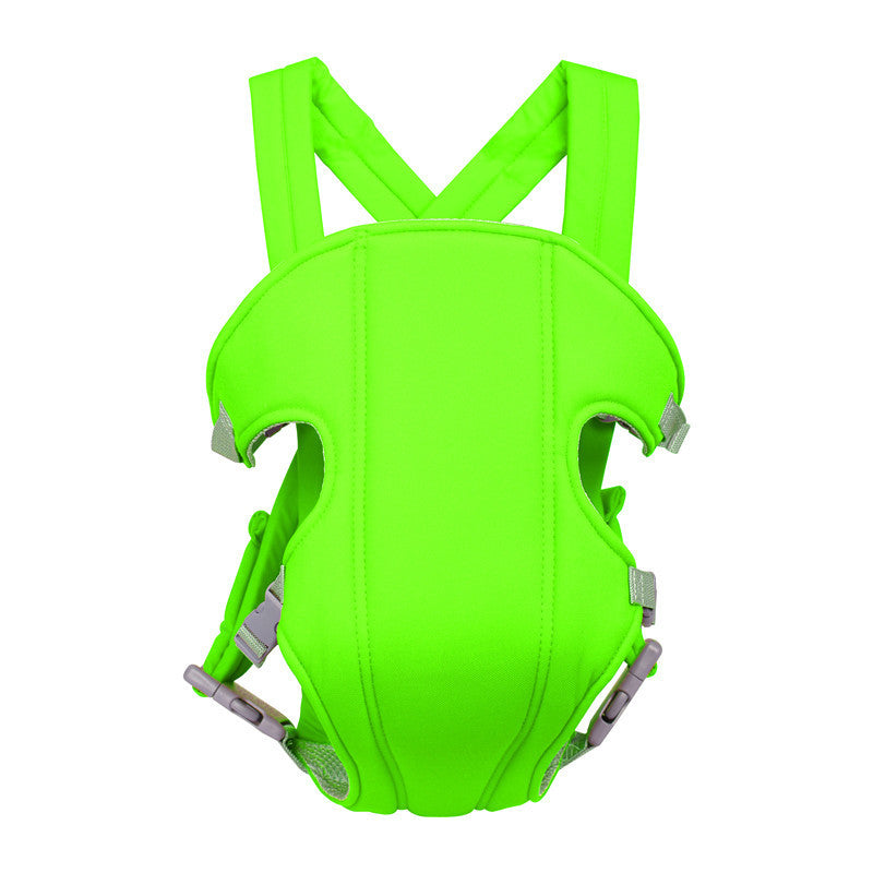 Bright green baby carrier with adjustable straps and grey fasteners. Designed for front carry, featuring arm and leg openings for comfort. Lightweight and ergonomic.