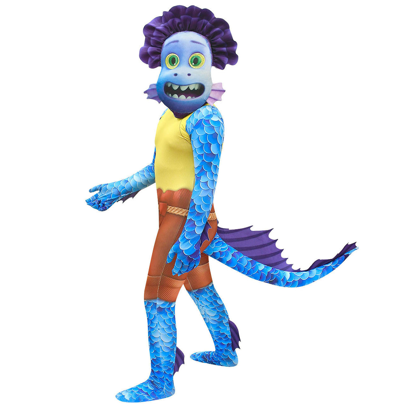 A vibrant costume of a blue sea creature with scaly skin, finned tail, and large green eyes. It wears a yellow top and brown shorts, and has purple head frills.