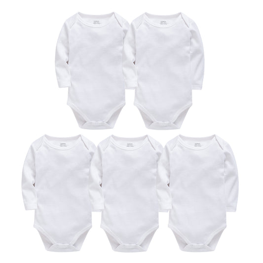 Five plain white long-sleeve baby bodysuits arranged in a staggered formation. Each garment features a simple round neckline and snap closures at the bottom.