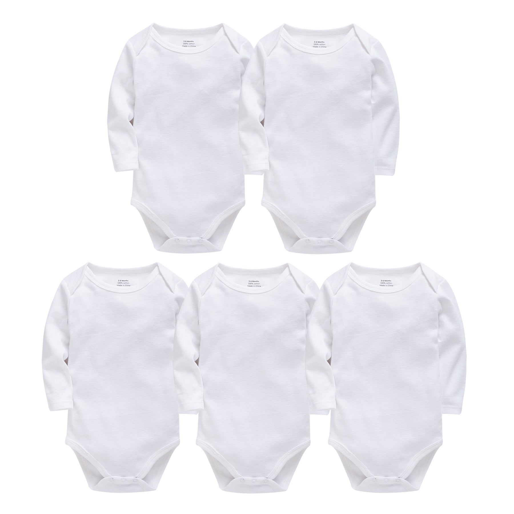 Five plain white long-sleeve baby bodysuits arranged in a grid on a white background, each featuring a simple round neck and snap closures at the bottom.