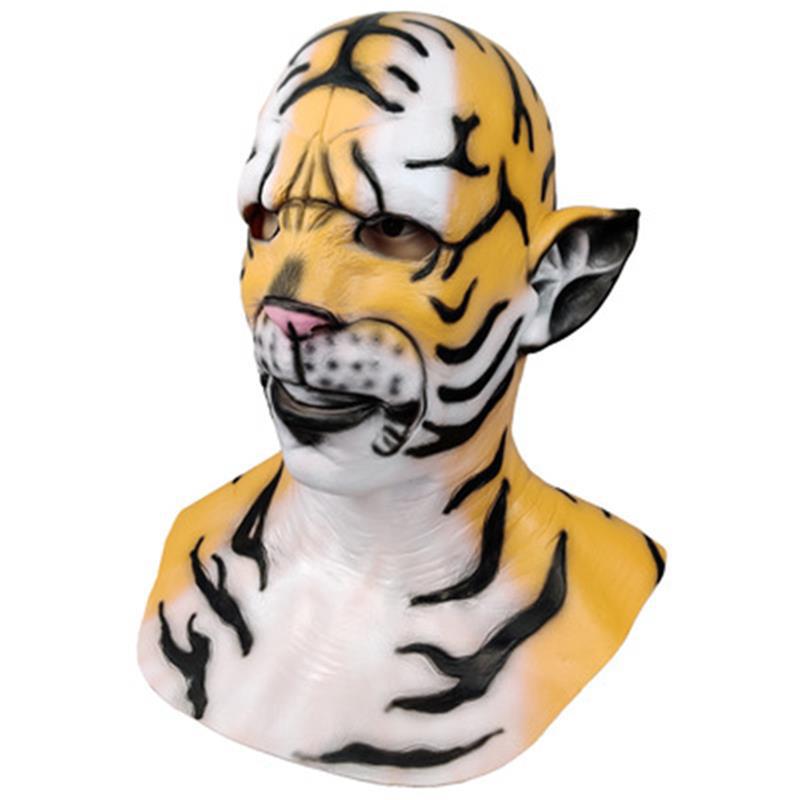 A person wearing a realistic tiger mask featuring a yellow base with black stripes, a pink nose, and prominent ears. The mask covers the entire head and neck.