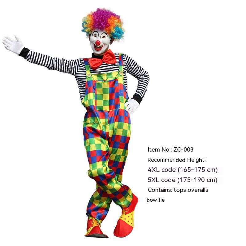 Clown in vibrant checkered overalls, striped shirt, red bow tie, and colorful wig, gesturing cheerfully. Item No. ZC-003, with size recommendations and details.