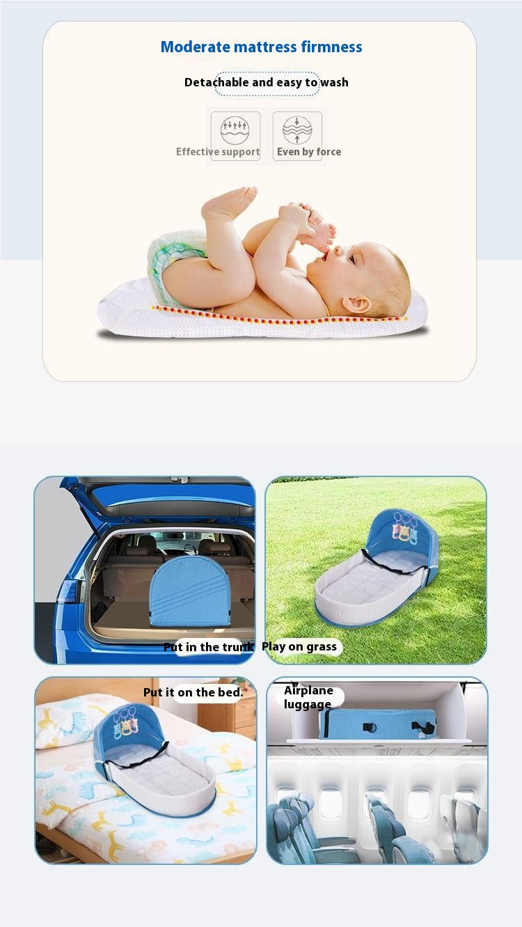 Baby on a cushioned mat with text highlighting its moderate firmness, detachable, washable features. Images show the mat in car trunk, grass, bed, and airplane luggage compartment.