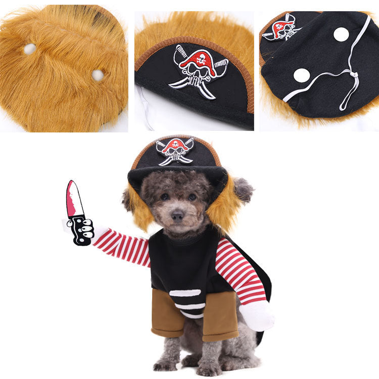 Small dog dressed in a pirate costume with a hat featuring a skull emblem, holding a fake knife. The outfit includes a striped shirt and brown pants. Close-ups of the hat are shown.
