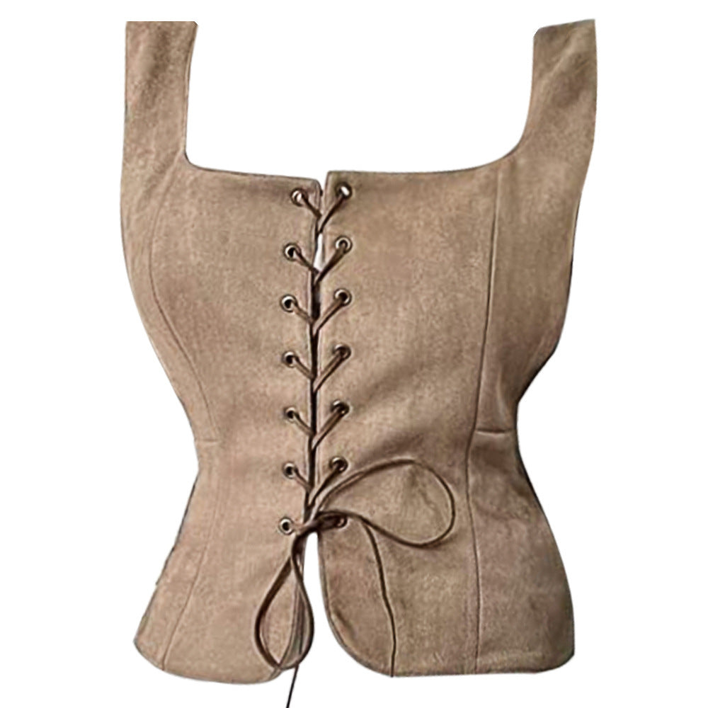 Beige corset top with a square neckline and wide straps. It features a front lace-up detail with metal eyelets and a tied bow at the bottom.
